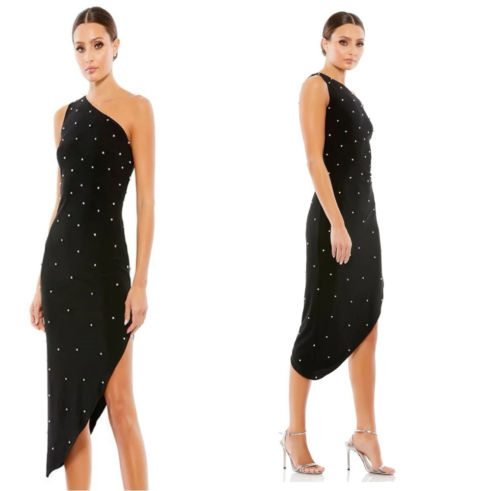 Mac Duggal Dress 6 Rhinestone Encrusted One Shoulder Asymmetric Hem Midi